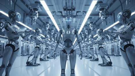 a futuristic scene showcasing a group of advanced humanoid robots in a high-tech environment, exploring themes of technology, artificial intelligence, and robotics.