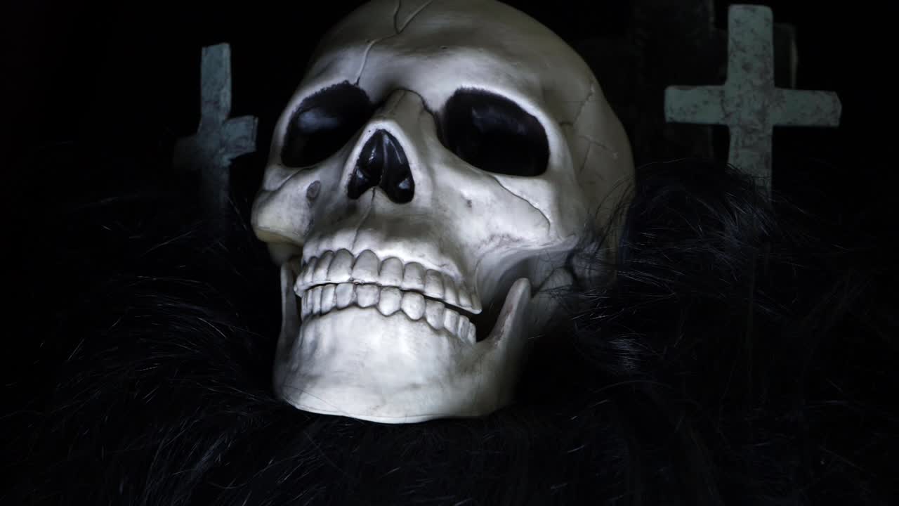 cráneo humano brillante sobre fondo espeluznante tiro panorámico medio