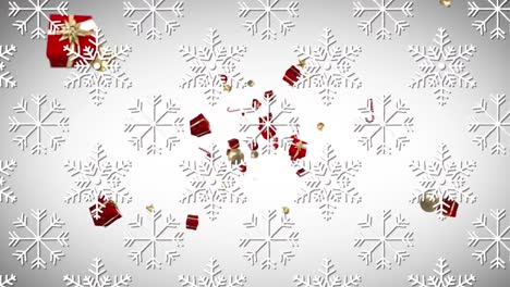 Snowflakes-icons-in-seamless-pattern-against-christmas-gifts,-baubles-and-candy-cane-icons-floating