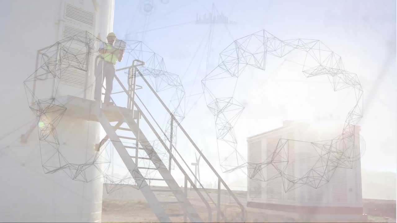 풍차 위에 서 있는 남성 건축가에 대한 연결 네트워크의 애니메이션