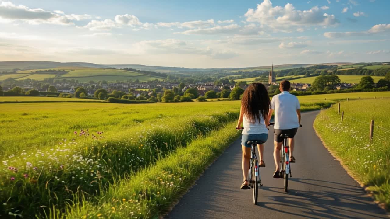 A Scenic Bike Ride Through Lush Green Fields: Embracing Nature and Togetherness on a Sunny Day