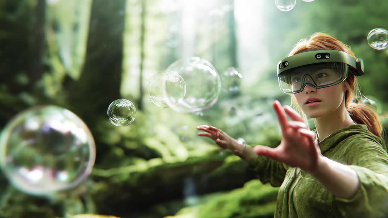 A woman interacts with floating bubbles in a lush forest environment, wearing augmented reality glasses, blending technology with nature's beauty as she explores innovative experiences