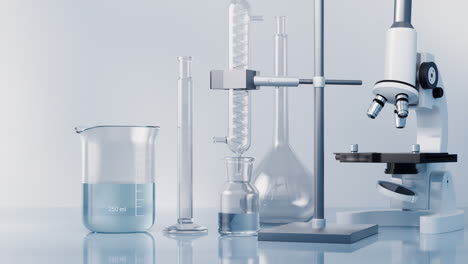 glassware and microscope in the laboratory, 3d rendering.