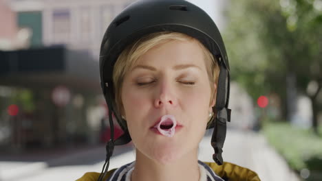 close up portrait of beautiful blonde woman blowing bubblegum smiling happy enjoying playful fun in vibrant urban city street wearing helmet