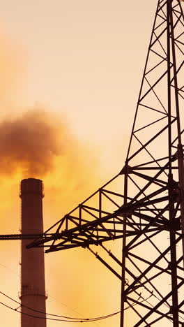 orange fumes from factory pipes. dirty clouds of emissions from thick chimneys filling the air. electricity tower on the background of dark smoke from industry. vertical video