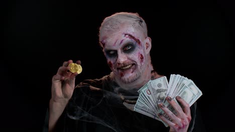 Creepy-man-with-bloody-scars-face,-Halloween-zombie-showing-golden-bitcoins-mining-future-technology