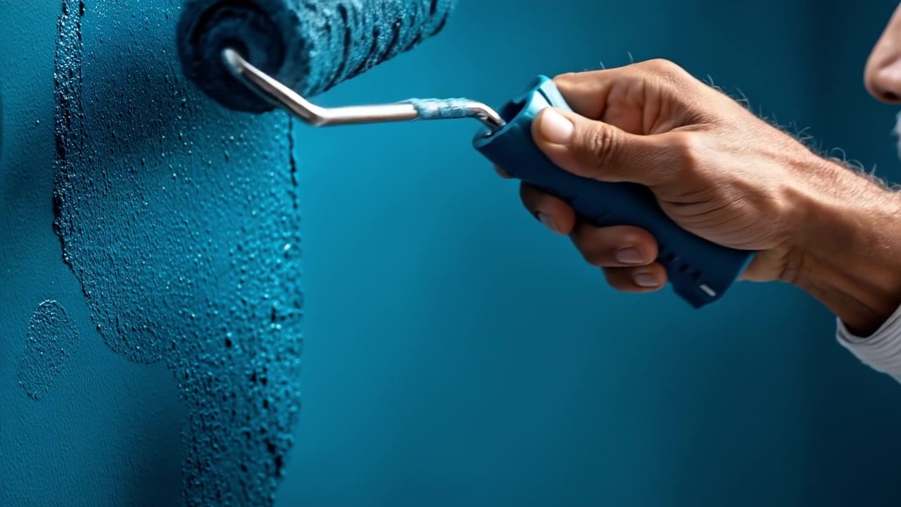 Primer plano de una mano usando una escobilla de goma para limpiar el agua de una superficie azul.