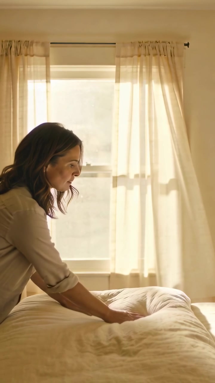 Video verticale: Donna in top che entra nella stanza e rifà il letto con il piumone sotto tende trasparenti, con spazio per il testo.