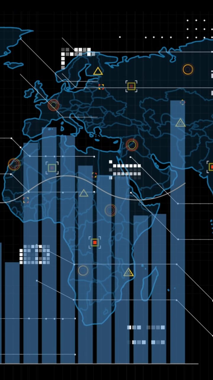 Animation of graphs and icons on black background
