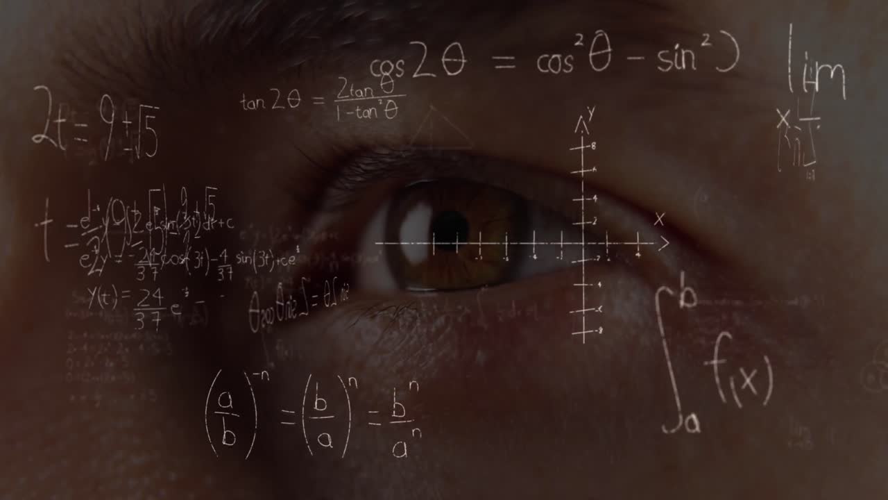 hombre parpadeando los ojos sobre ecuaciones matemáticas.
