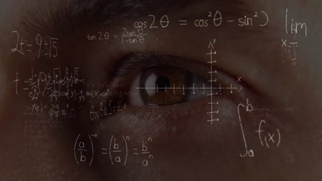 man blinking eyes over mathematical equations.