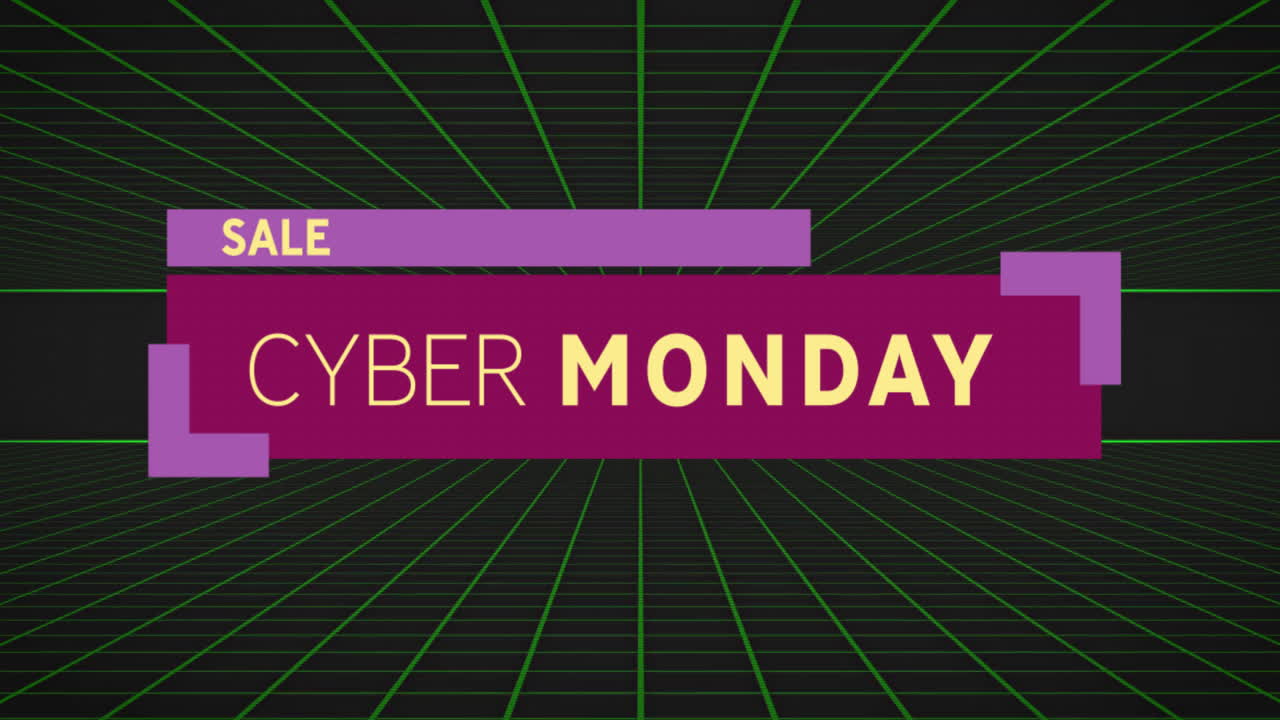 Animation of sale cyber monday text over green lines on black background