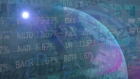 animación del mercado de valores con rastros de luz, procesamiento de datos y escaneo de alcance en todo el mundo