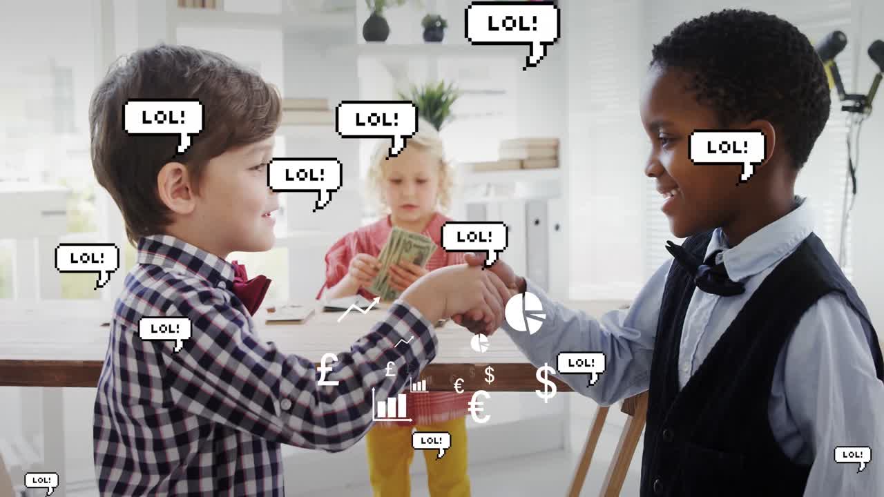 다양한 학교 아이들이 손을 흔들고 있는 아이콘의 애니메이션