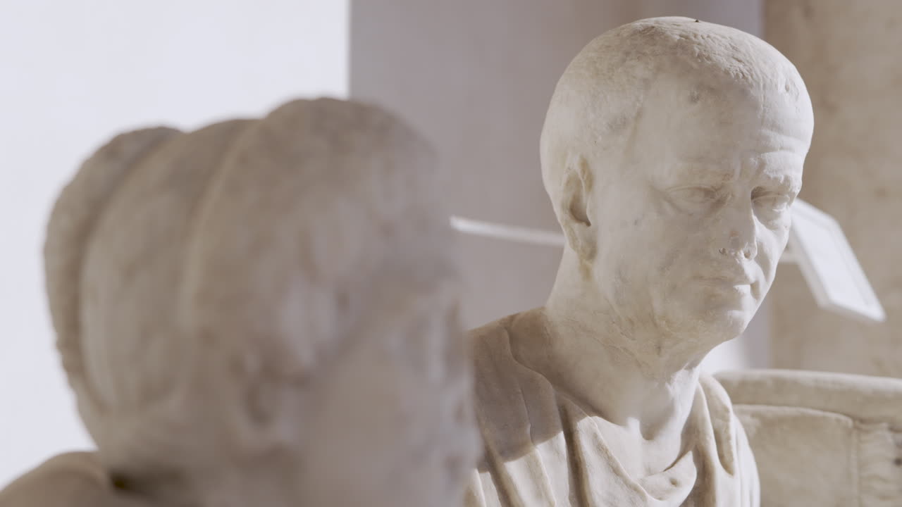 Marble sculpted busts from ancient roman era.