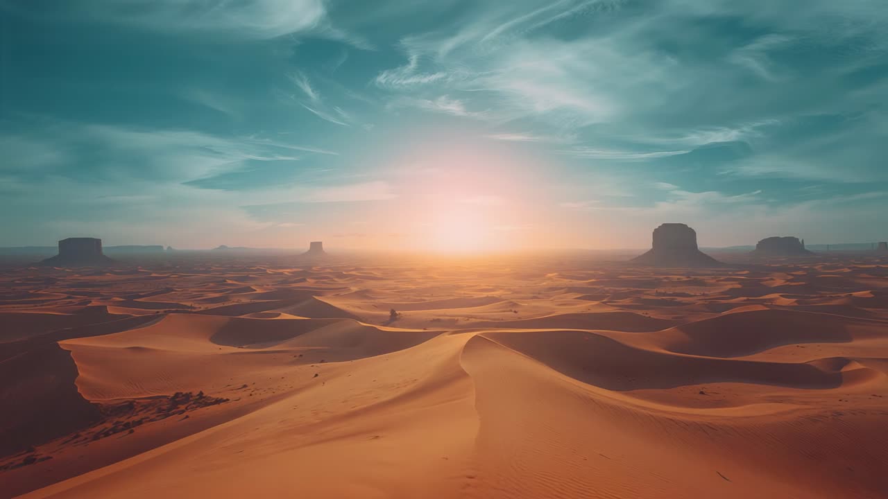 Sole nascente che proietta una luce calda su dune di sabbia e mesas in un bacino desertico, con nuvole alla deriva