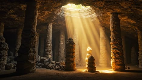 mysterious underground chamber illuminated by sunlight, showcasing ancient pillars and enigmatic formations resembling spires in a natural cavern