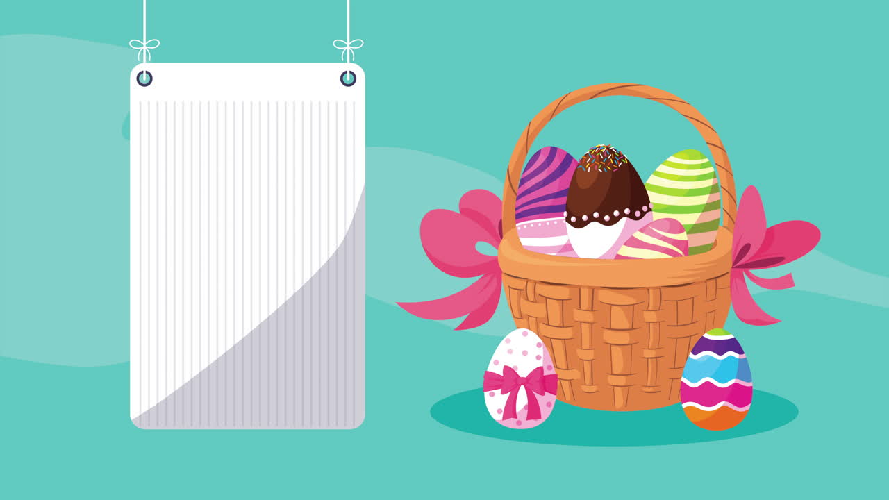 happy easter card with eggs painted in basket and banner