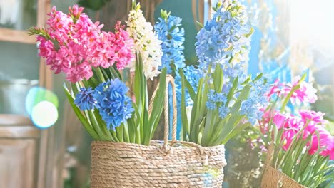 a basket filled with colorful flowers sitting on top of a table