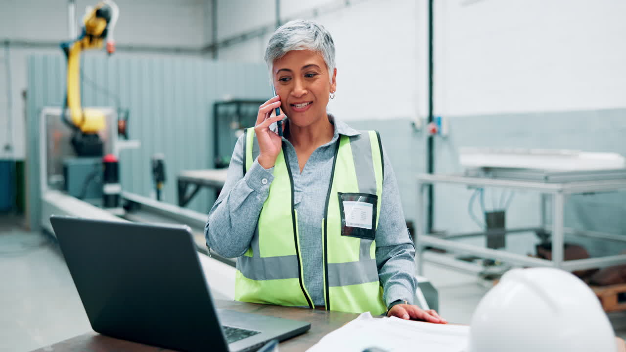 Factory Worker on Phone and Laptop