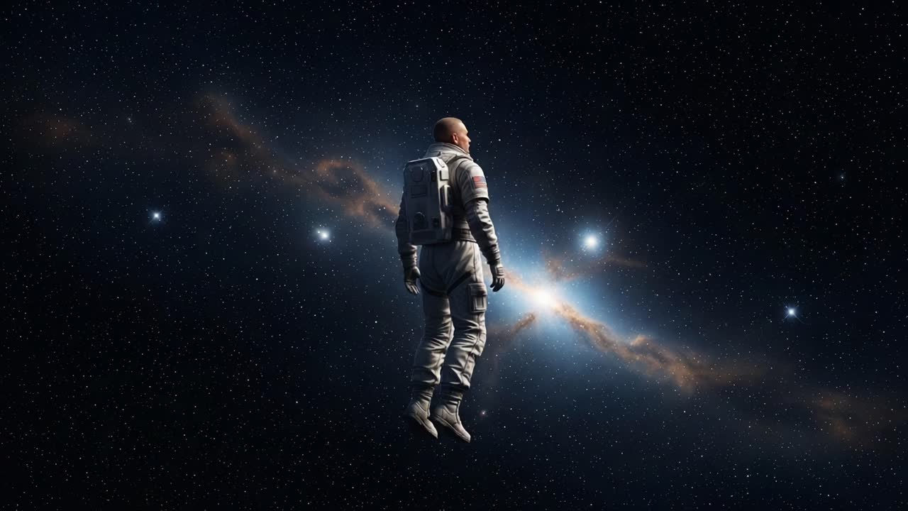 A solitary astronaut navigates the vastness of space, surrounded by glowing stars and cosmic phenomena, reflecting the awe and mystery of the universe beyond our planet