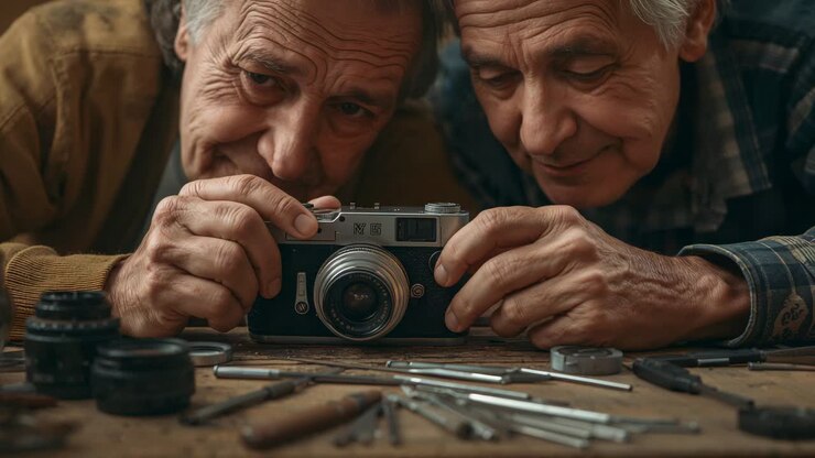 Dei pensionati con maglioni marroni e macchine fotografiche vintage sono seduti su una panchina mentre regolano il selettore e la ghiera di messa a fuoco.