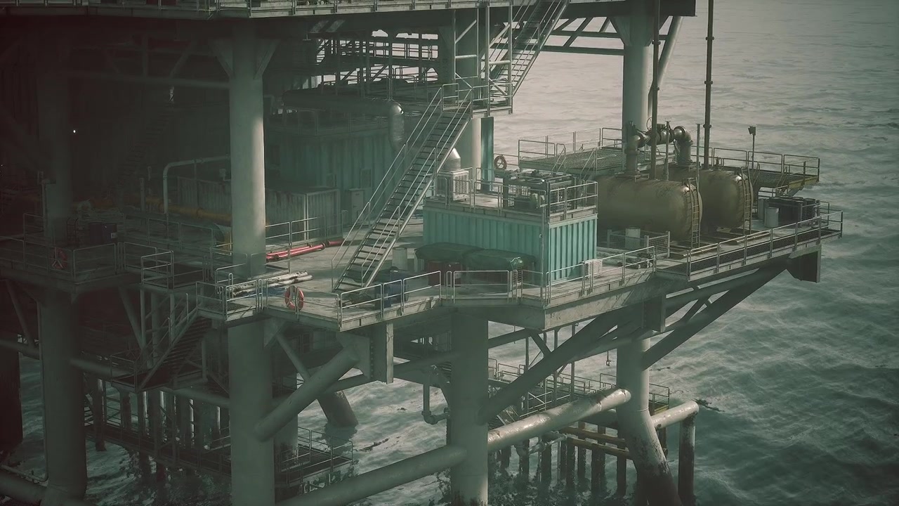 Oil rig structure offshore with equipment and support facilities for drilling