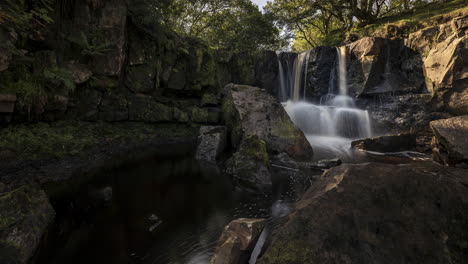 Time-lapse-of-local-waterfall-in-rural-forest-landscape-of-Ireland-on-a-summer-sunny-day
