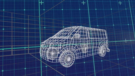 animación del procesamiento de datos y formas sobre el coche digital sobre fondo azul