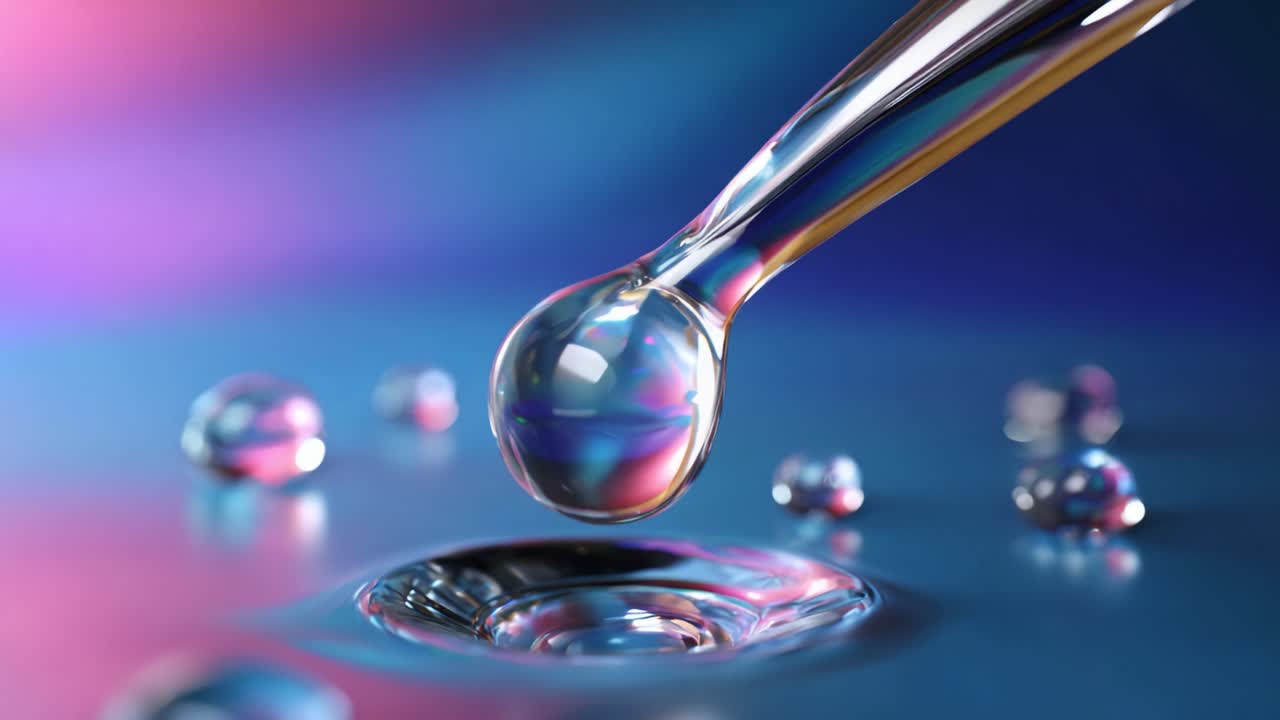 A close-up visual exploration of a liquid drop being released from a pipette, showcasing delicate water droplets forming and reflecting colorful light on a smooth surface, emphasizing the intricacies of fluid dynamics