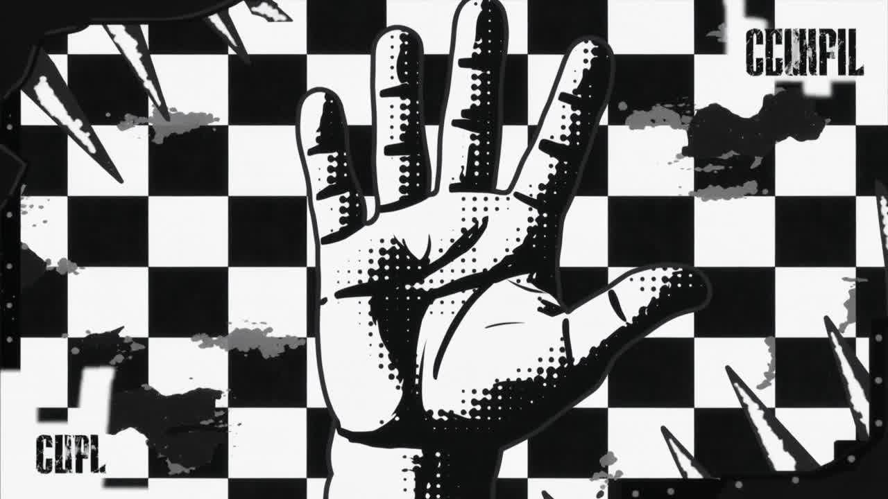 Playing sequence showing graphic hand holding palm out fingers splayed in art panel showing logos