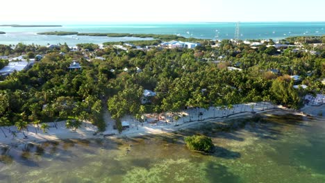 overhead flyover of forested florida keys resort nestled near ocean inlet, establishing aerial