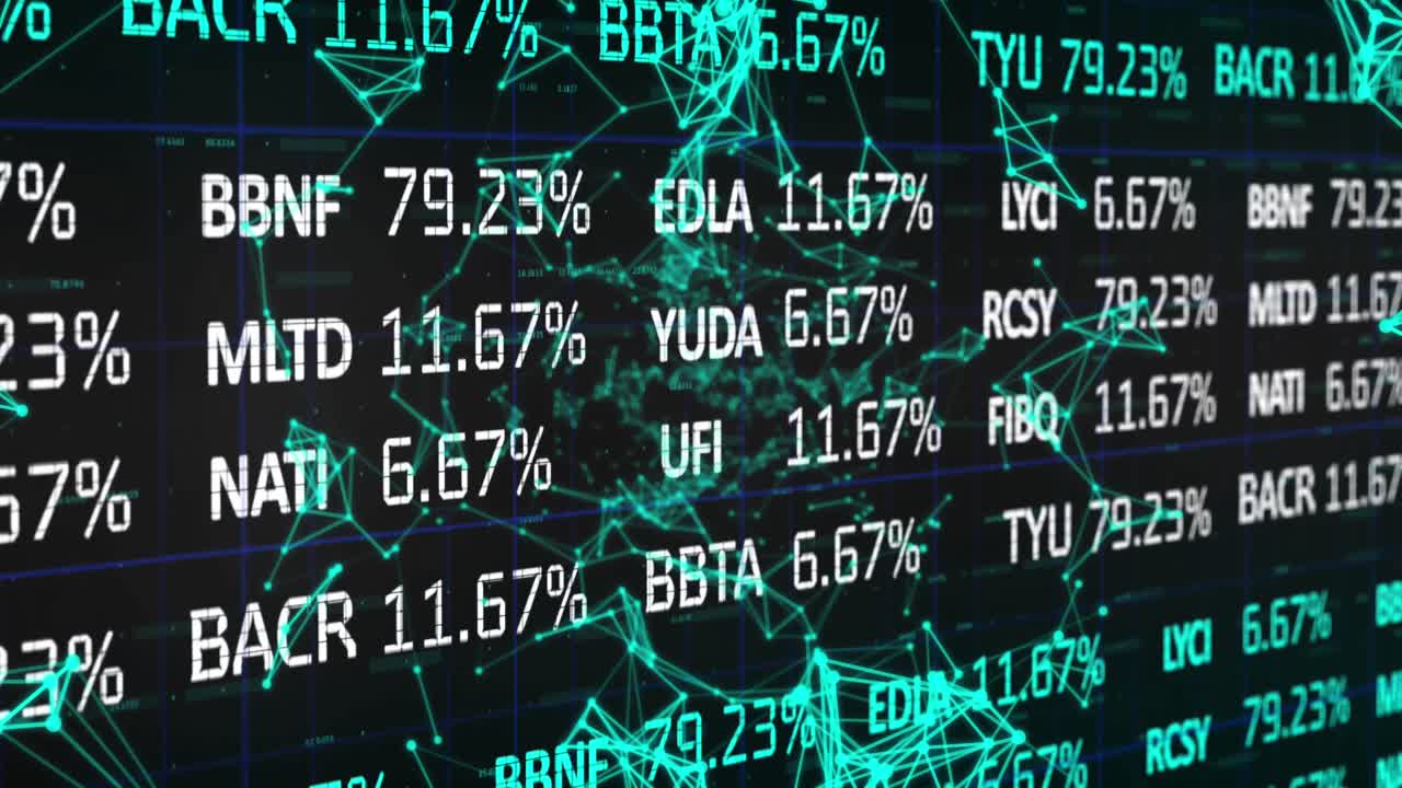 animación del procesamiento de datos financieros a través de una red verde de conexiones.