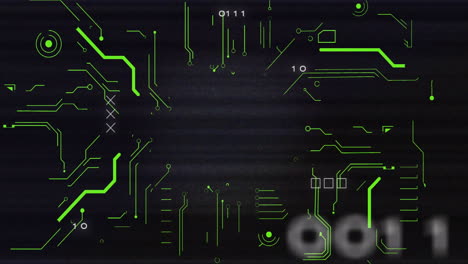 animación de procesamiento de datos con una placa de circuitos de computadora sobre un fondo negro