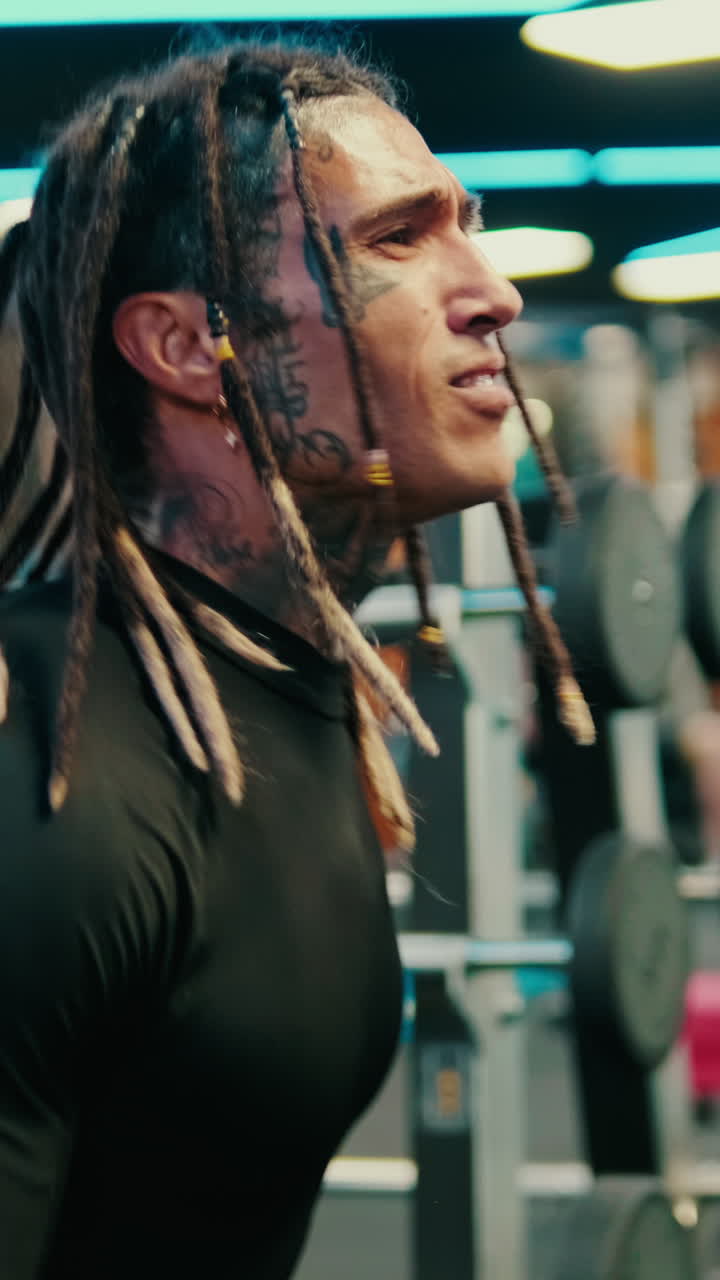 Uomo determinato con i dreadlocks che solleva manubri in palestra