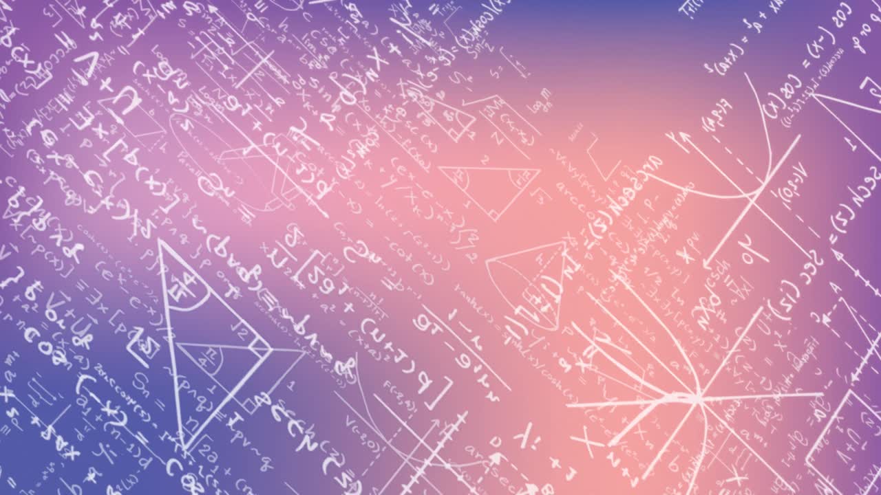 보라색 그라디엔트 배경에 떠다니는 수학 방정식과 다이어그램의 애니메이션