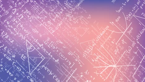 Animation-of-mathematical-equations-and-diagrams-floating-against-purple-gradient-background