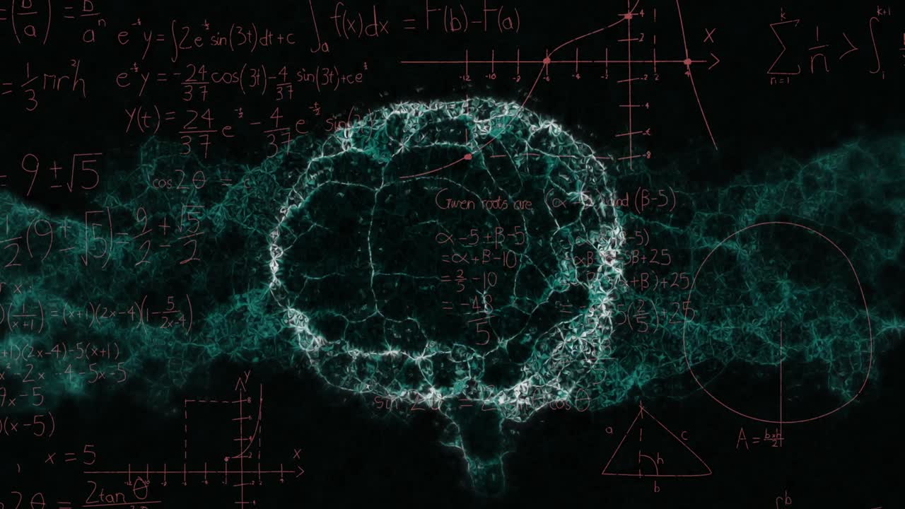 Animation of mathematical equations over digital model of human brain on black background