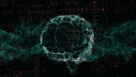 animación de ecuaciones matemáticas sobre un modelo digital del cerebro humano sobre un fondo negro