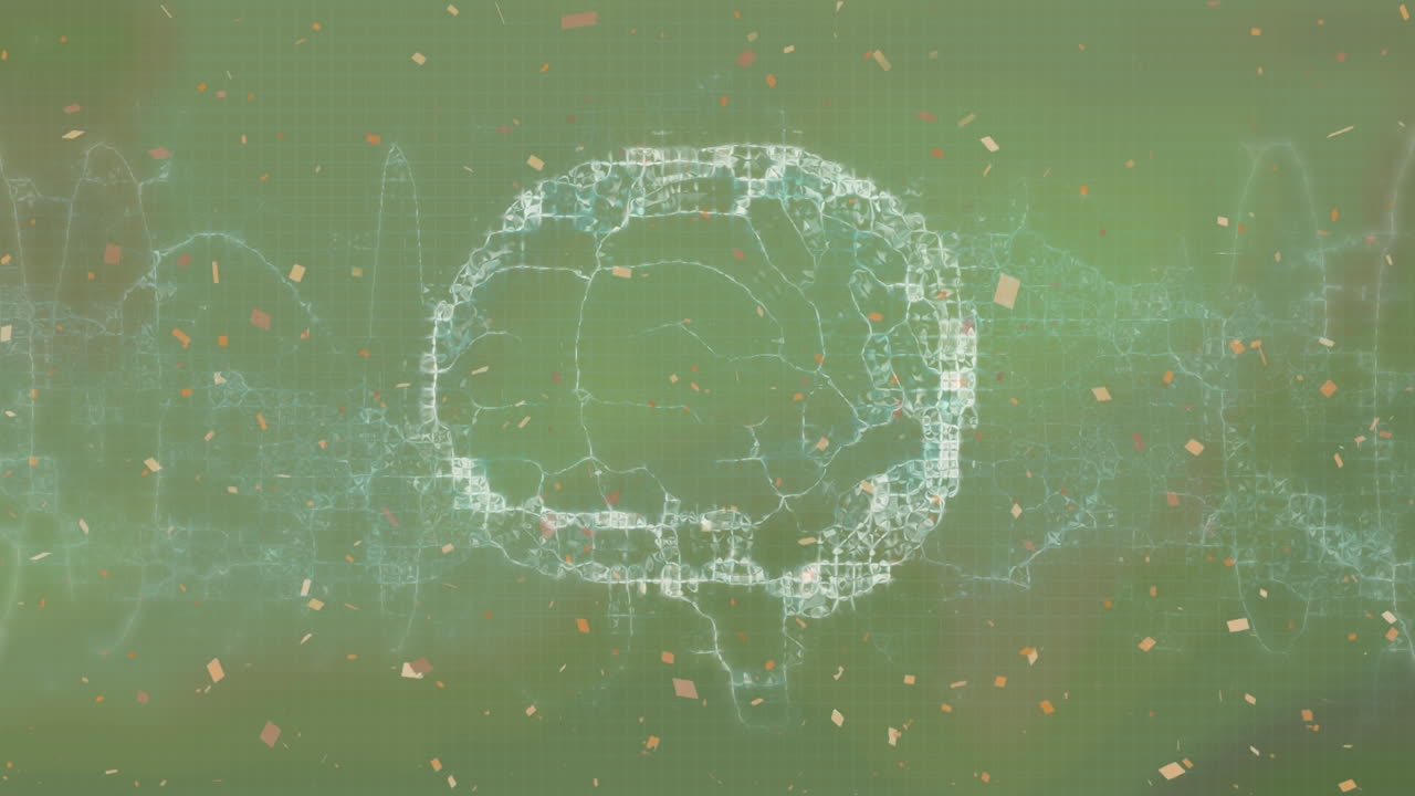 회전하는 뇌 위에 떨어지는 콘페티의 애니메이션