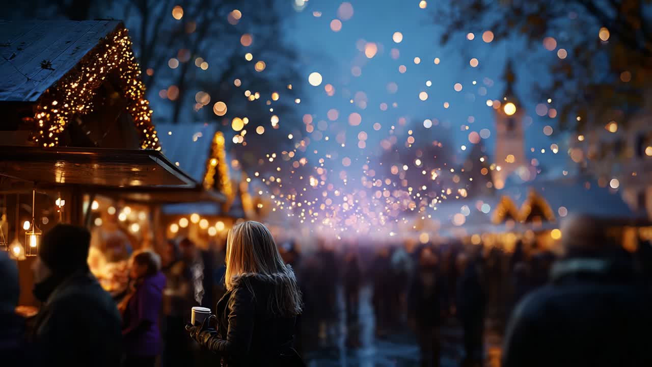 En fredfull kveld på et festlig marked, som fanger magien i blinkende lys og gledelige sammenkomster midt i en vinterfeiring med livlig atmosfære og rikelig med juleglede