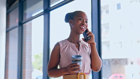 Phone-call,-black-woman-and-walking-in-office