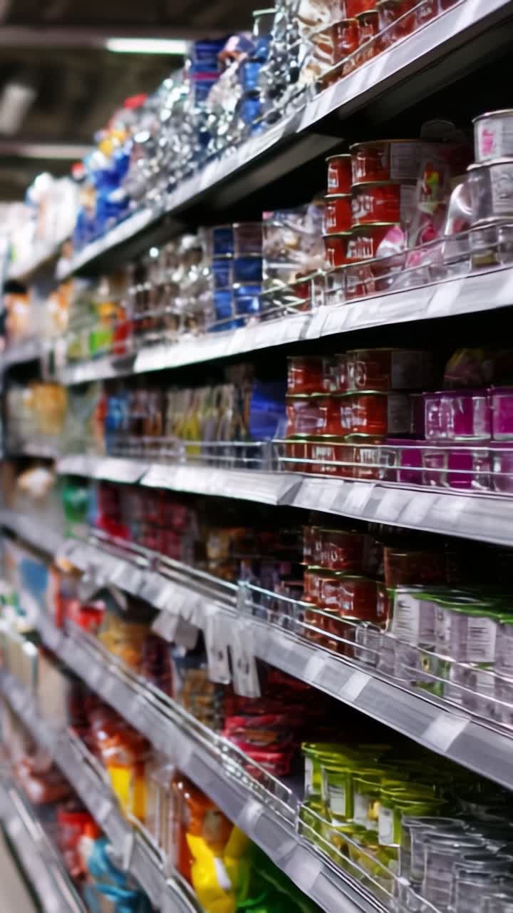 Vista completa de productos alimenticios coloridos organizados en estanterías de supermercados, que muestra una variedad de envases y disposiciones de embalaje