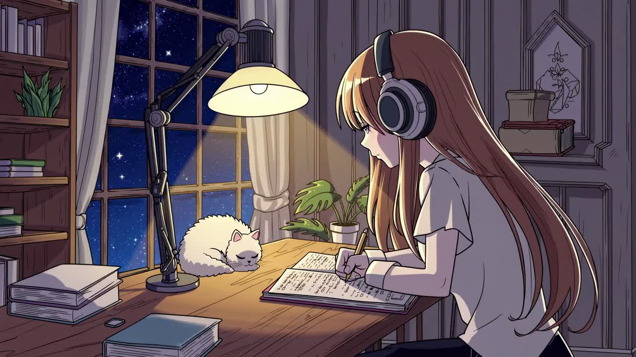 Anime-style video scene of a girl studying at a desk with headphones, a cat sleeping nearby