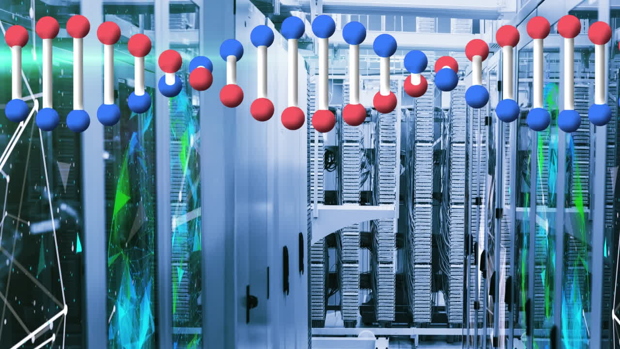 animación de cadenas de adn y formas en la sala del servidor