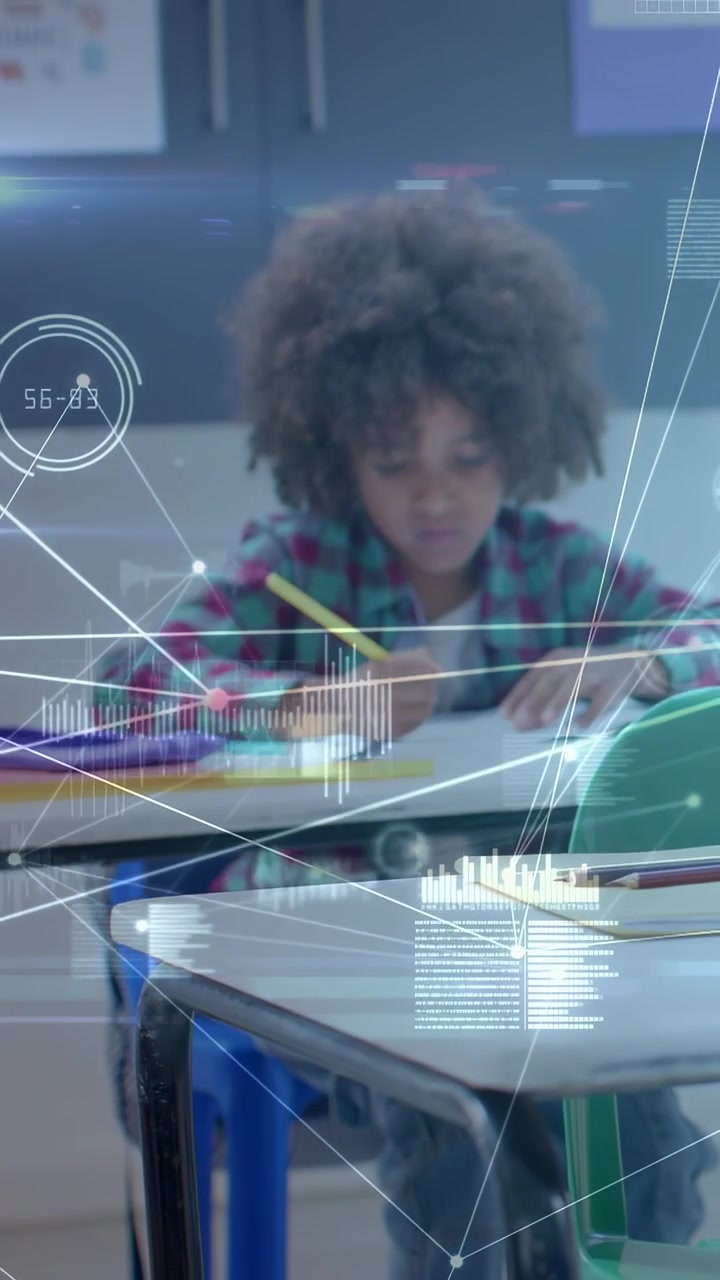 Vertical video: Girl writing at desk, pencil touching page sparking HUD aiding education worksheet