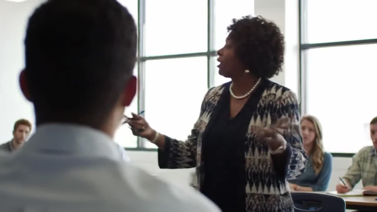 An experienced educator captivates students during a lively discussion in a bright classroom setting.