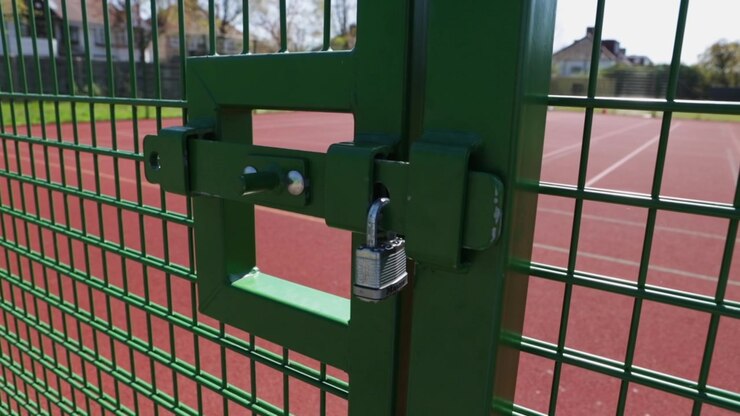 Cancello metallico verde chiuso a chiave blocca l'accesso a un campo sportivo esterno vuoto di giorno
