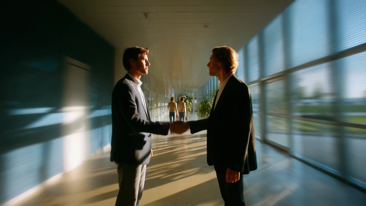 Un momento di connessione: due persone si stringono la mano nel corridoio di un ufficio moderno, a simboleggiare collaborazione, partnership e rispetto reciproco in un ambiente professionale