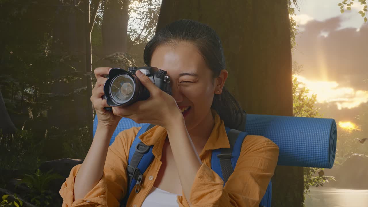 un close-up de una excursionista asiática con una mochila de montañismo usando una cámara tomando fotos mientras explora la naturaleza del bosque